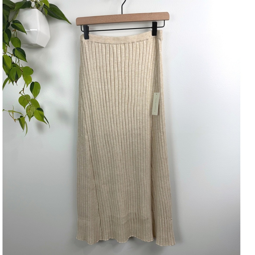 Tash + Sophie Cream Ribbed Knit Stretch Midi Skirt M Minimalist Quiet Luxury